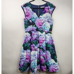 Eliza J 8 Blue Purple Floral Cap Sleeve Fit Flare Knee Length V Neck Dress